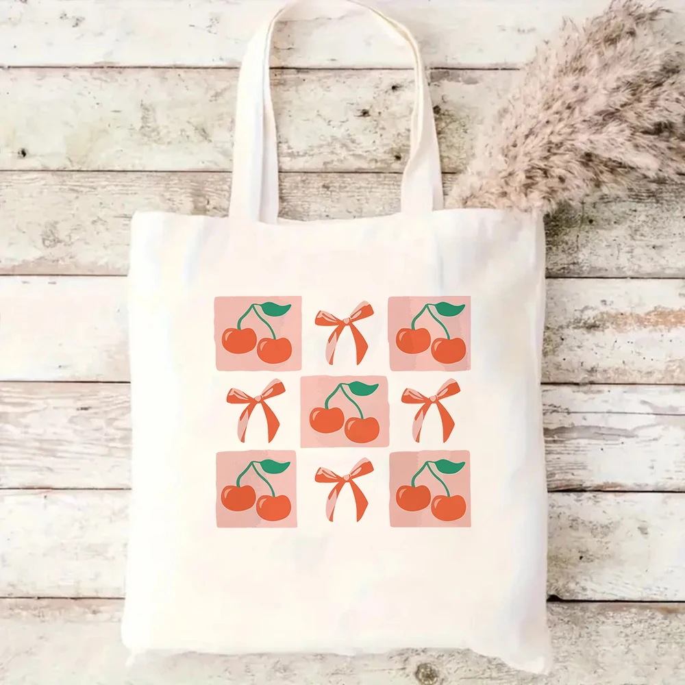

Cherry and Bow Coquette Canvas Tote Bag Cute Daily Shoulder Bag