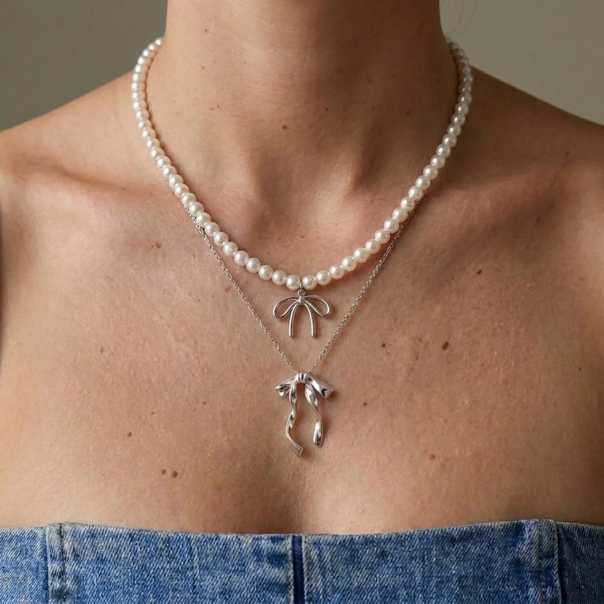 Süßer, cooler Stil Metallband-Schleife mit simulierten Perlenkette für Frauen, zierliche elegante Twist-Schleife Choker, ästhetischer Schmuck – Detail 5