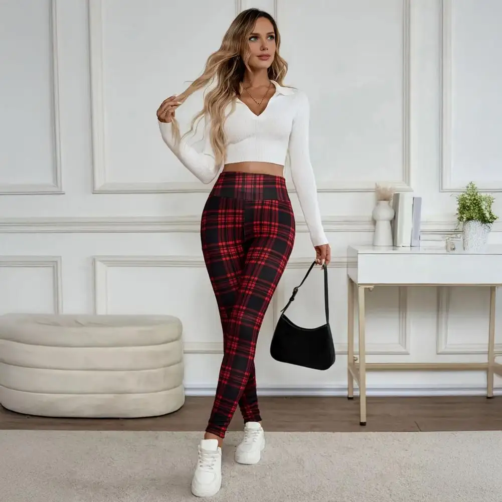 Thickened Velvet Lining Warm Winter Bottoms Women Pants High Elasticity Leggings Plaid Print Body Curve Yoga Sports Wear