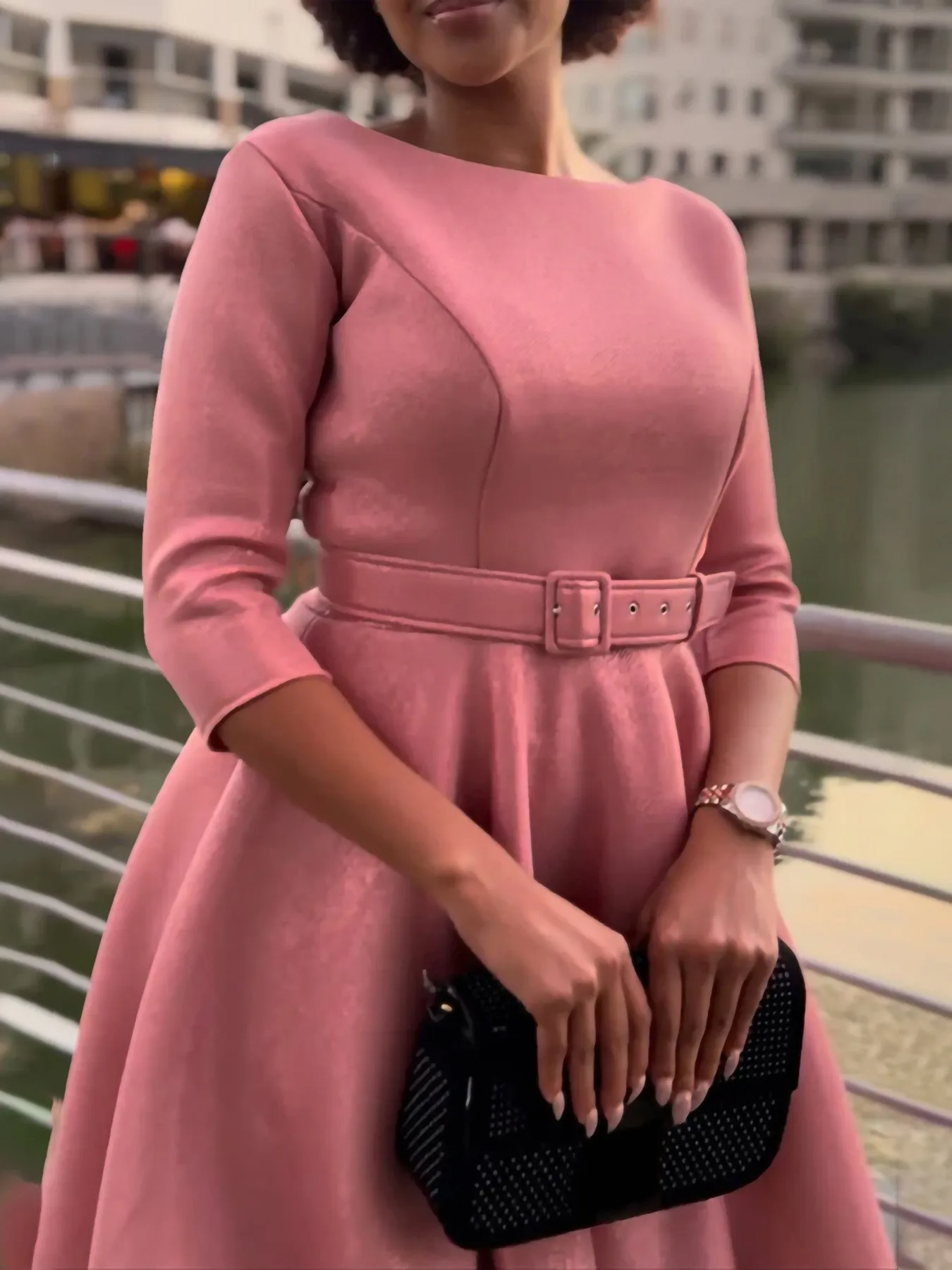 Spring Women's Clothing Elegant Party Dress For Polyester High Waist Midi Neck Three Quarter Sleeve Fit