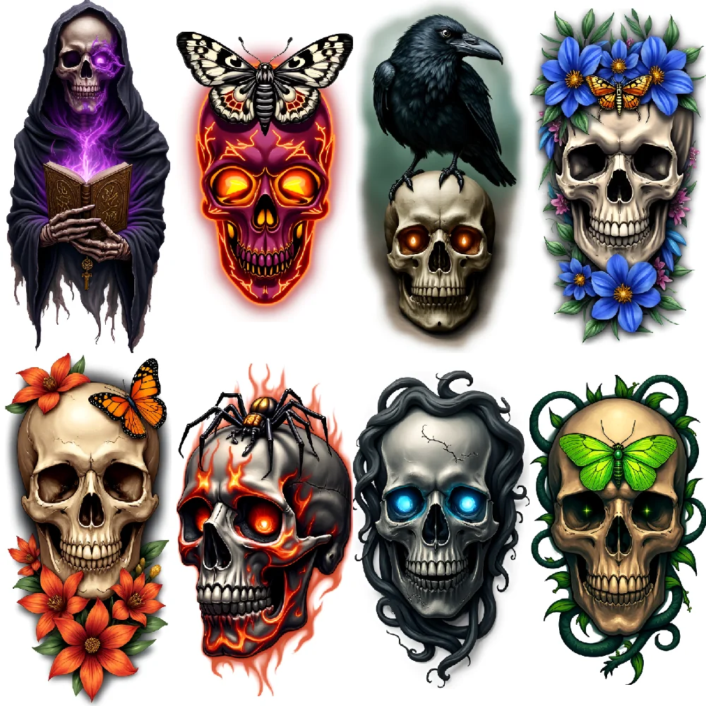 Tatouage temporaire crâne avec fleurs orange et papillon, crâne réaliste coloré avec yeux bleus brillants pour cuisses et bras, 3 pièces
