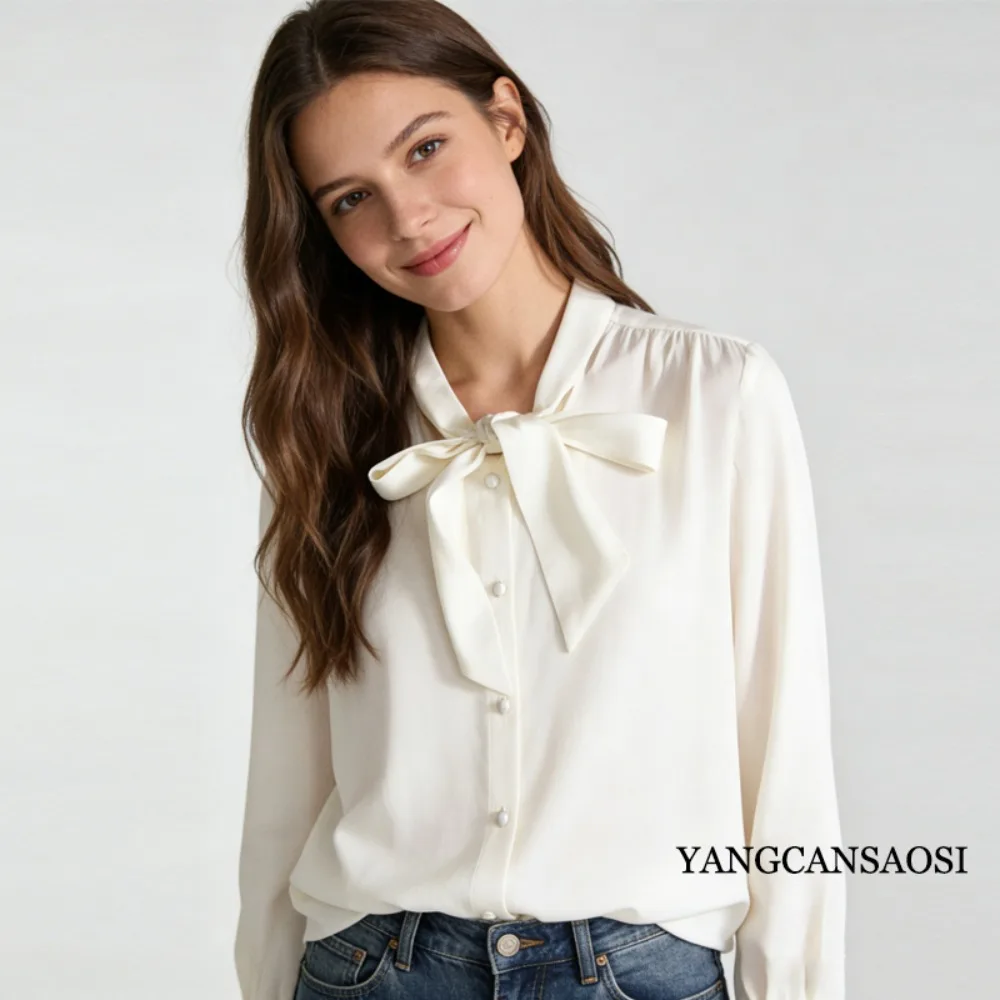 2026 Women's Fashion Spring New Clothing 20MM 93% Natural Mulberry Silk Elastic Double Qiao Satin Long Sleeve Ribbon Shirt view 2