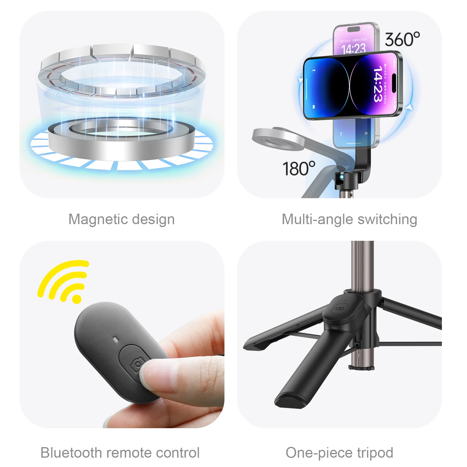 TELESIN Magnetic Mini Selfie Stick Tripod with Remote Control for iPhone Android Stable Aluminum alloy Smartphone Holder Stand