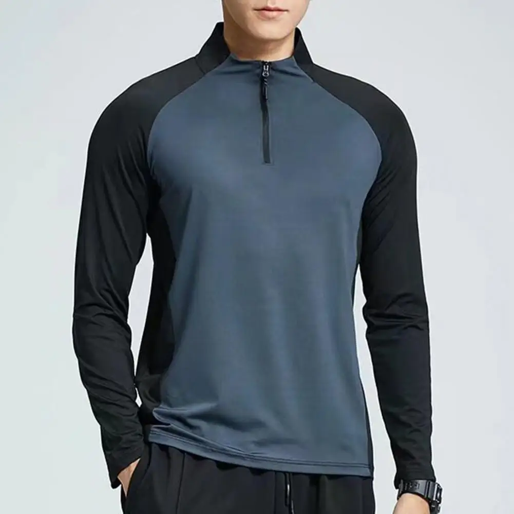 Summer Men Sports T-shirt Raglan Sleeve Half Zipper Stand Collar Contrast Color Long Sleeves Running Fitness Shirt Male Clothes