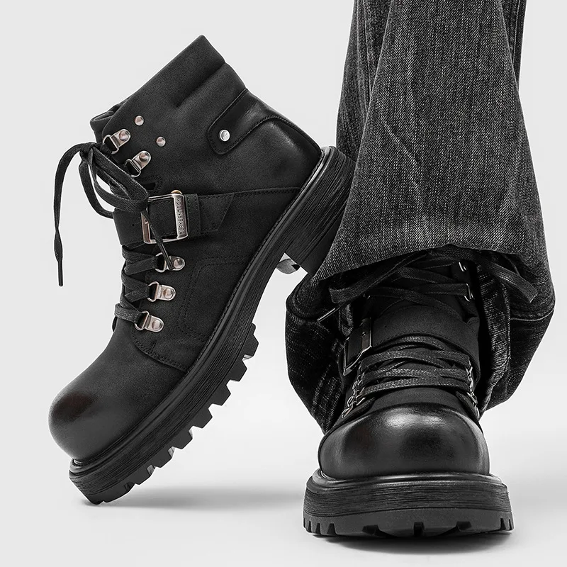 Brand Men Leather Boots Motorcycle Snow Cowboy Flats Platform High Top Ankle Winter Shoes Luxury Vintage Designer Shoes view 2