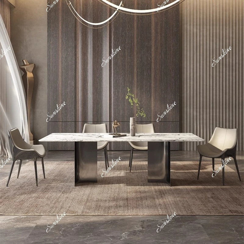 

Rectangle household minimalist light luxury stainless steel bright gray titanium feet dining table and chairs
