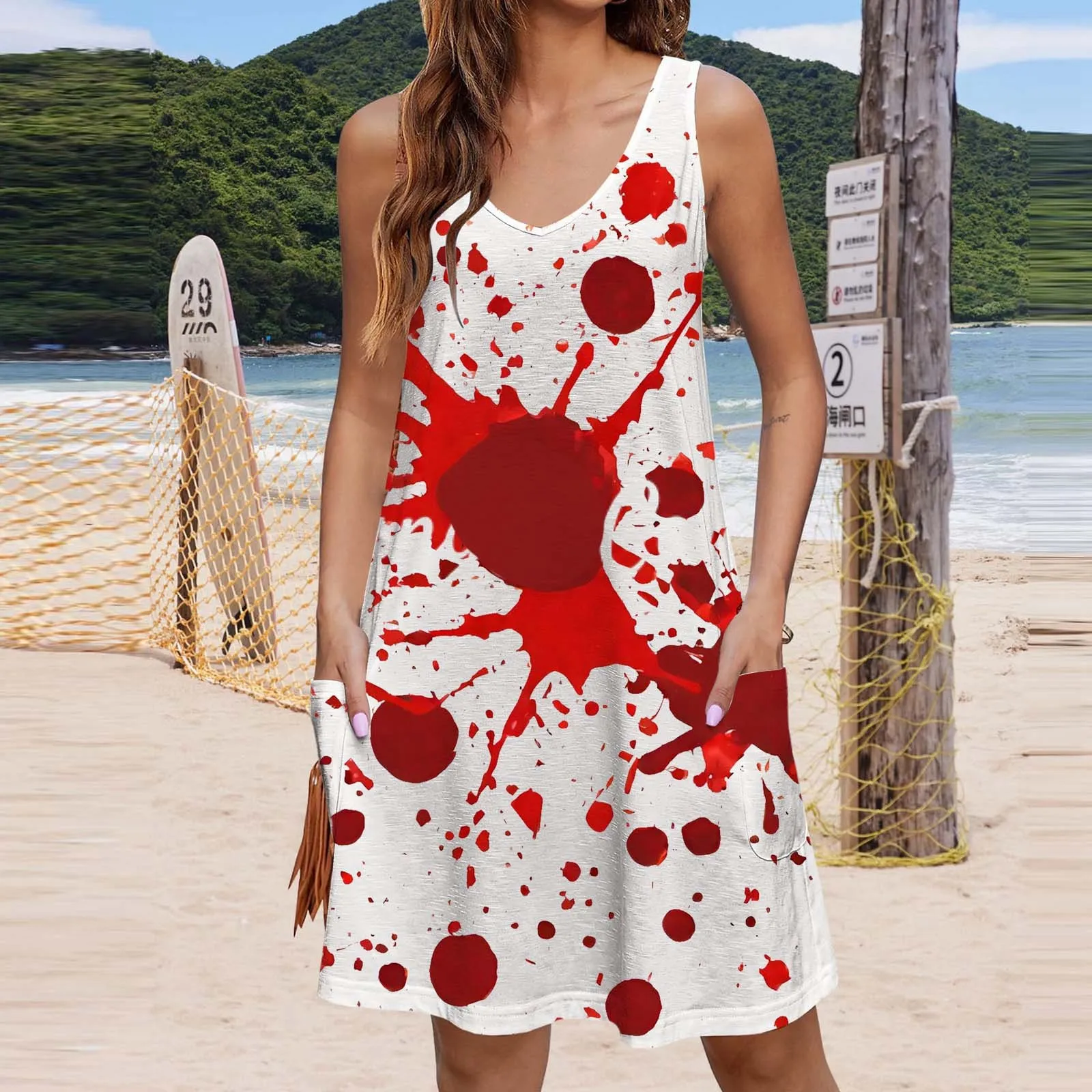 

Womens Halloween Dresses Fashion Casual Printed Sleeveless With Pocket Dress For Holiday Party Cosplay Clothing