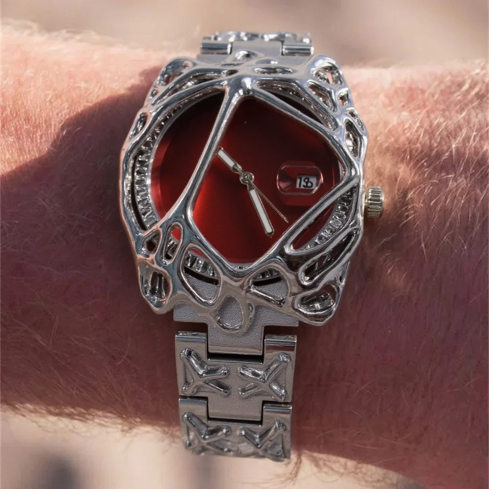 

Лидер продаж, серебристо-красные уникальные стильные персонализированные кварцевые часы для мужчин AAA, высокое качество, алебастр, модные унисекс, уникальные креативные часы