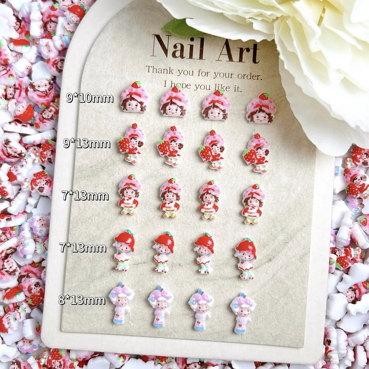 Nuevos dibujos animados adorables fresa chica resina uñas encantos 3D creativo luminoso chica decoración de uñas DIY horquilla suministros para uñas