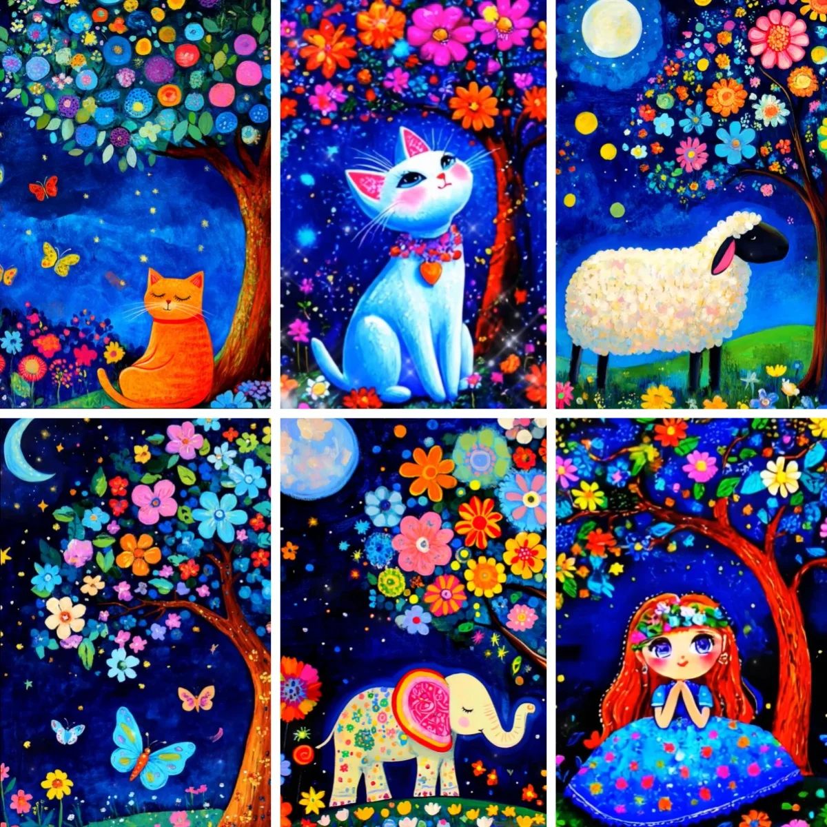 

Full Square Diamond Painting Embroidery Cross Stitch Blue Night Sky with Tree & Flowers DIY Round Drawing Mosaic Romantic Decor