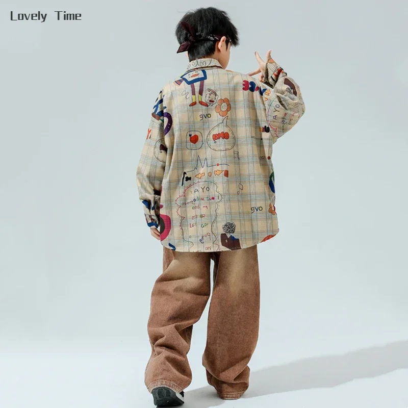 Hip Hop Boys Graffiti Shirt Cargo Denim Pants Girls Jeans K-pop Jeans Costumes Children Streetwear Kids Jazz Dance Clothes Sets