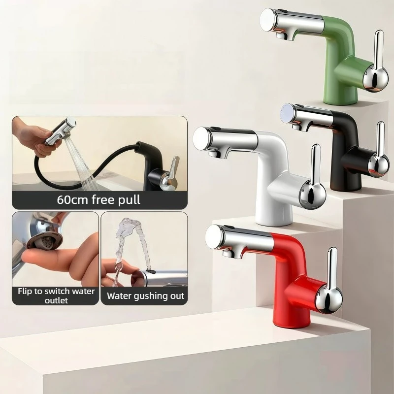Pull-out Basin Faucet for Hot and Cold Water, Balcony Bathroom Sink, Anti-Splash Water Outlet for Home Use