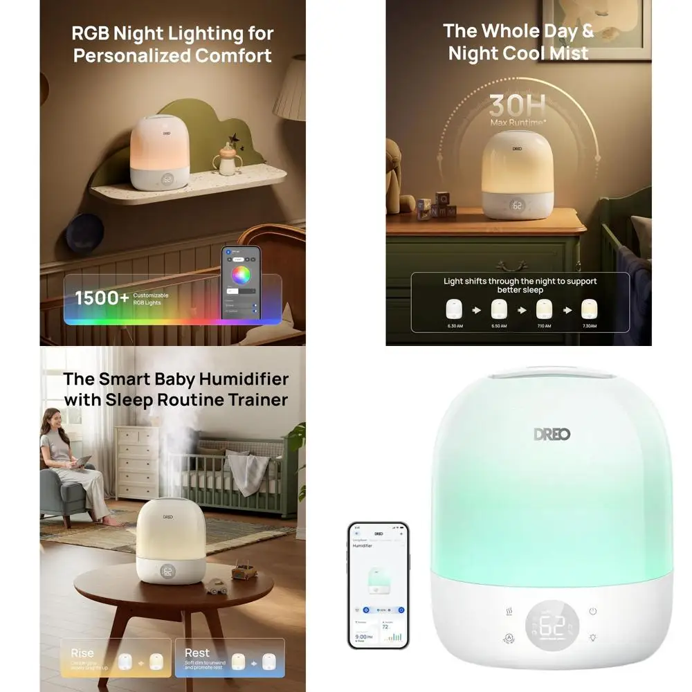 

Увлажнитель воздуха с верхним наполнением, функцией прохладного тумана, RGB-подсветкой и тренером сна, ультратихий для спальни и детской комнаты