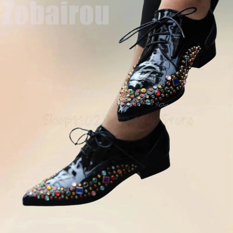 Colorful Crystal Decor Black Pointed Toe Strappy Men Shoes Fashion Lace Up Male Shoes Luxury Handmade Banquet Men Casual Shoes