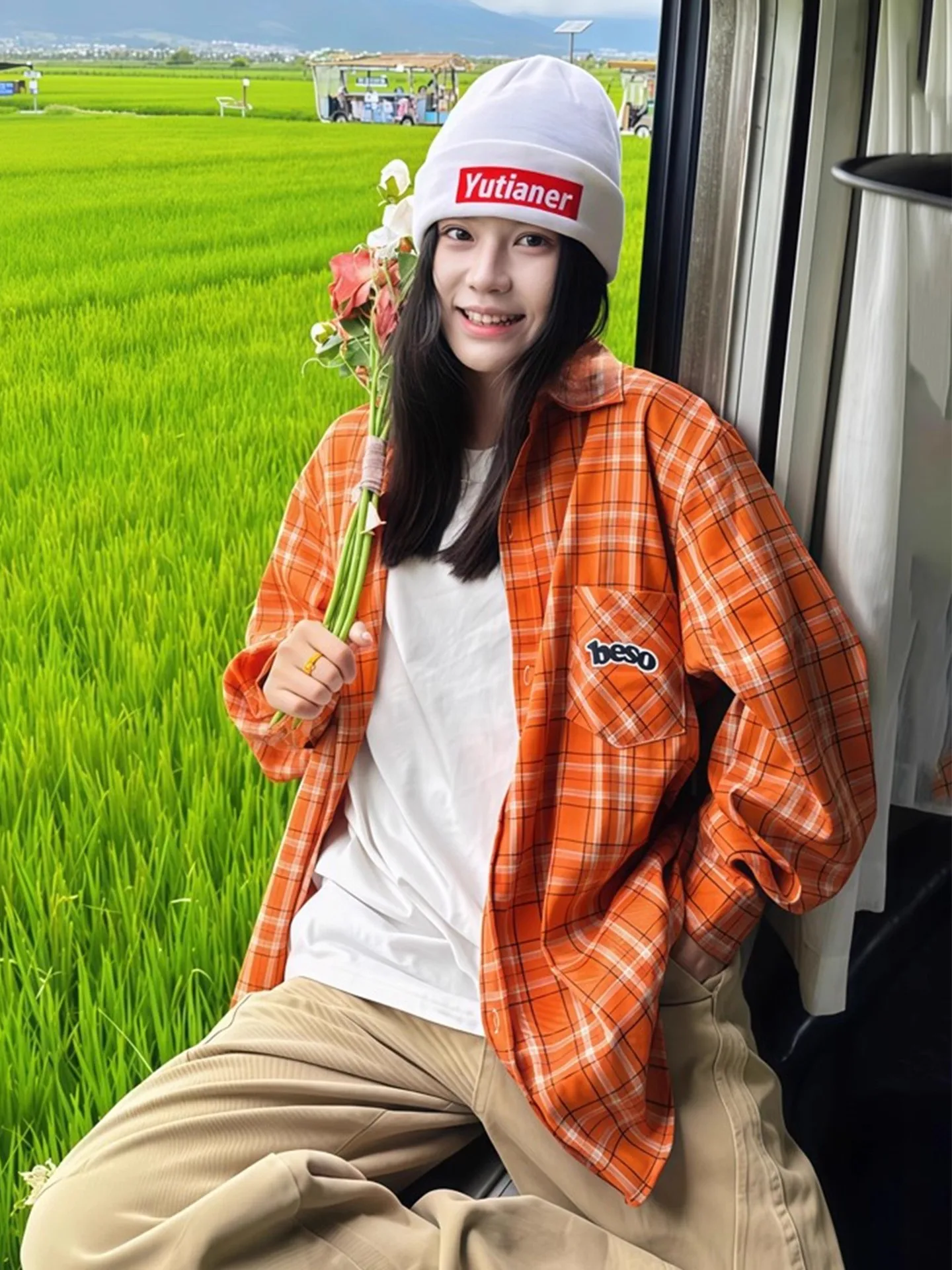 

Dopne Orange Plaid Long Sve irt ex Autumn Casual Sle Couple Outerwear Loose Fit Printed Cotton Polyester Blend