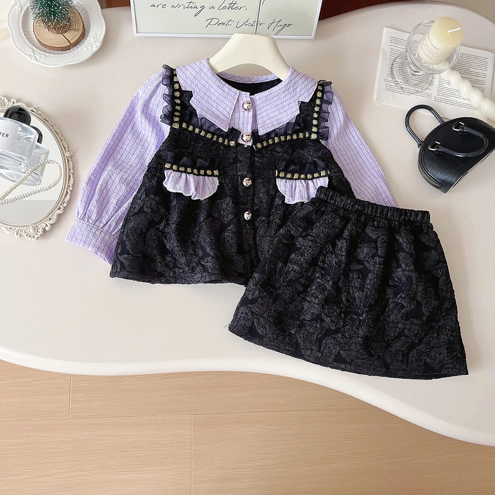 

Fashion Girls 2piece Set Autumn Ruffles Lace Single Breasted Lapel Patchwork Tops+Elastic Skirt Light Luxury Children Clothing