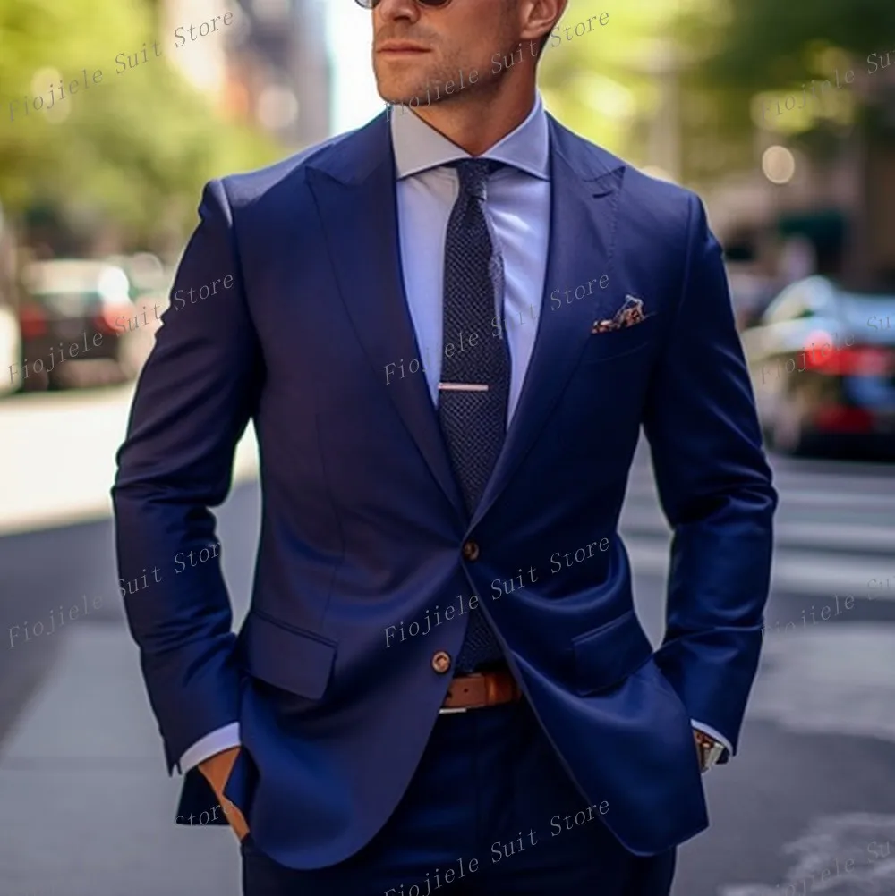 

Navy Blue Formal Occasion Male Tuxedos Groom Groomsman Wedding Party Prom Business Casual Men Suit 2 Piece Set Blazer Pants