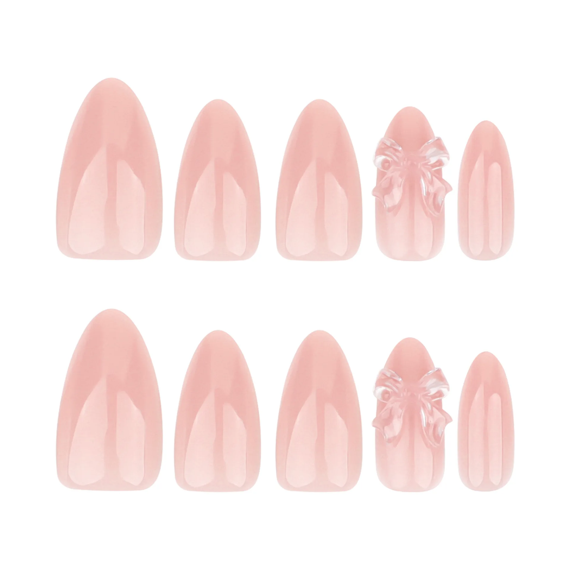 3D Clear Bowknot Nude Pink Nail Art Fashion Almond Shape False Nails Detachable Finished Fake Nails Press on Nails with Glue