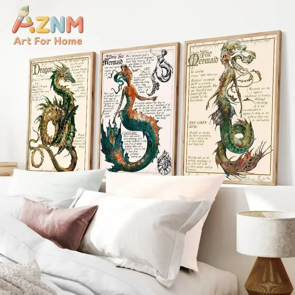 AZNM Mythical Creature Canvas Painting Frameless Wall Art Vintage Mermaid Dragon Fairy Griffin Fantasy Illustrated Text Poster H