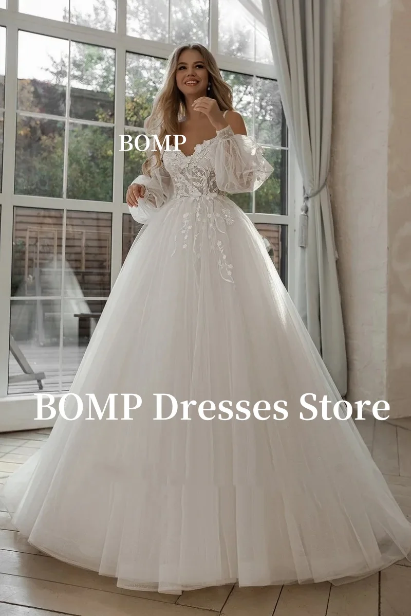 BOMP 웨딩 드레스 퍼프 슬리브 아플리케 레이스 3D 꽃 오프 어깨 Tulle 신부 가운 Customized vestidosdenovia