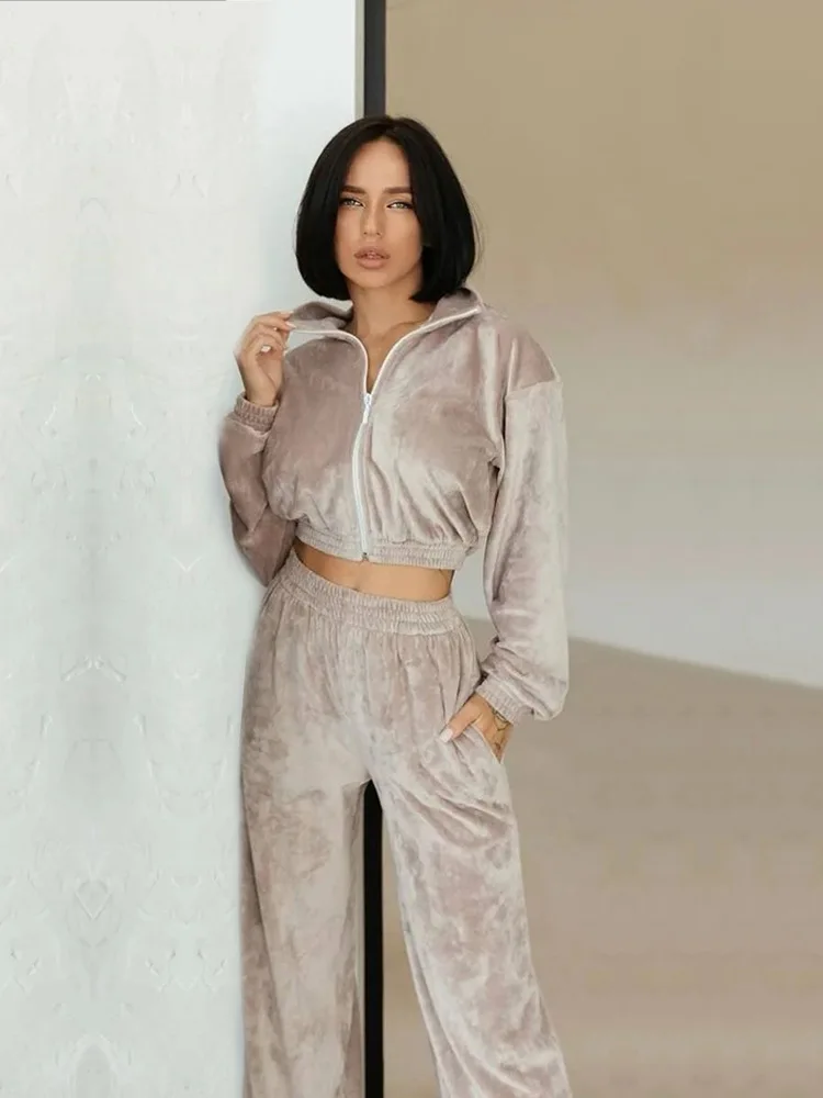 

2026 New Fashion Zipper Sweater + Wide Leg Pants Two-piece Sets Women Spring Casual Loose Jacket And Pants Suit For Women