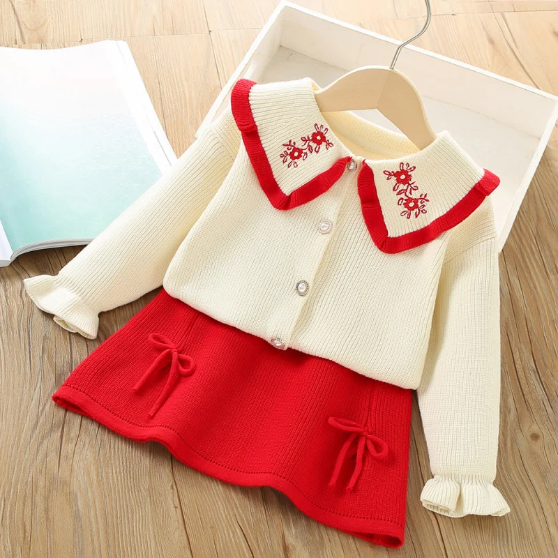 Children's Outfit Autumn Winter New Style Large Collar Flower Embroidery Sweater Two-Piece Set Stylish Skirt