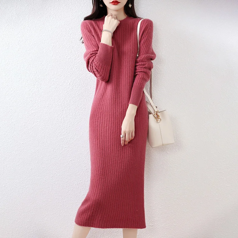 2023 Winter Cashmere Dresses Hot Sale 100% Pure Wool Knitted O-neck Sweater Women Long Sleeve Standard Knitwear