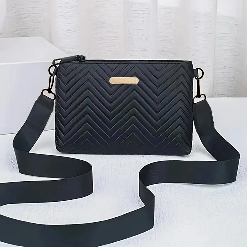 Fashion Women Wide Strap Crossbody Handbag, Chevron Embossed PU Purse, Portable Small Shoulder Bag for Daily Use