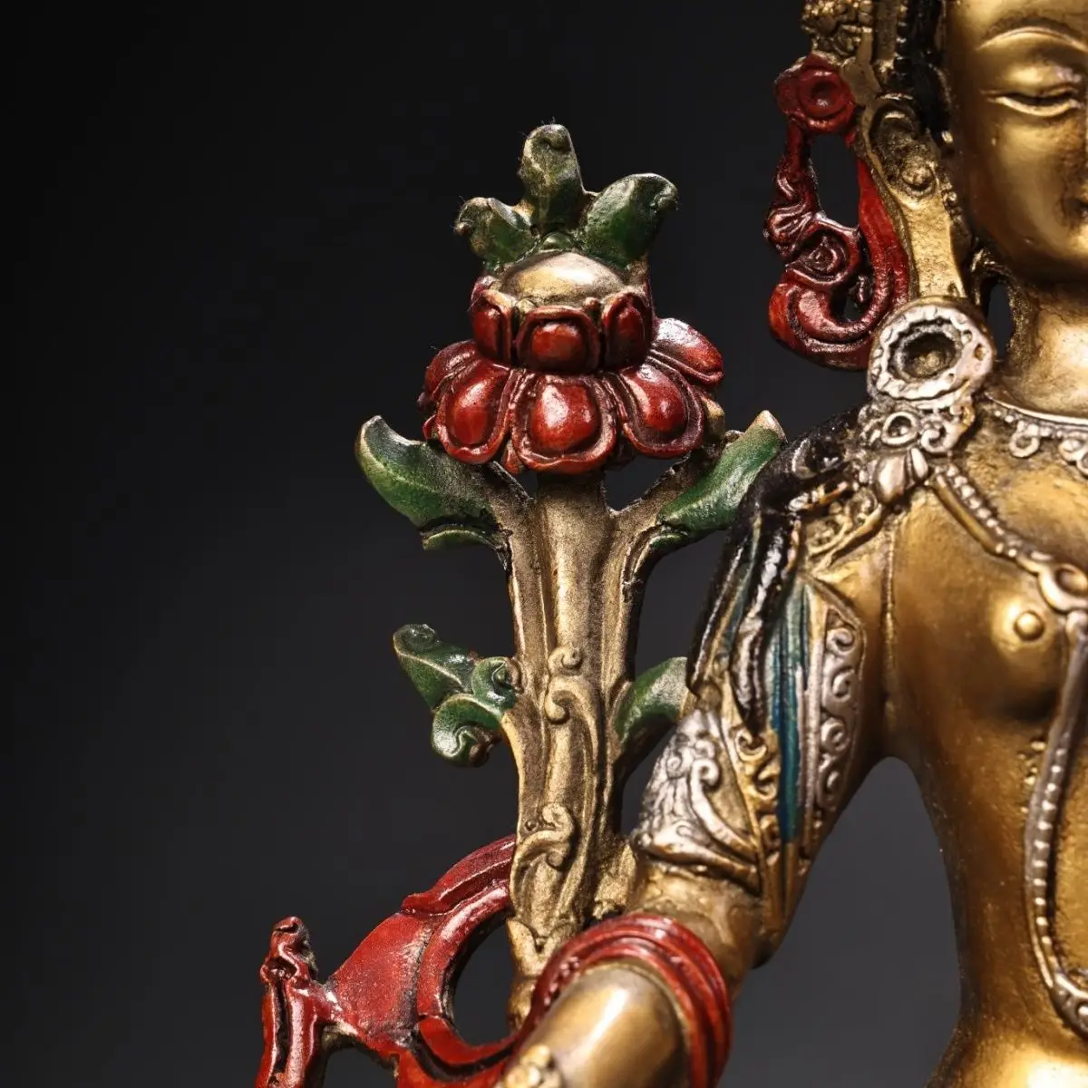 Solid Pure Copper Tibetan Green Tara Statue with High-Relief Chiseled Carving, Polychrome Painting and Gold Traced Gilding