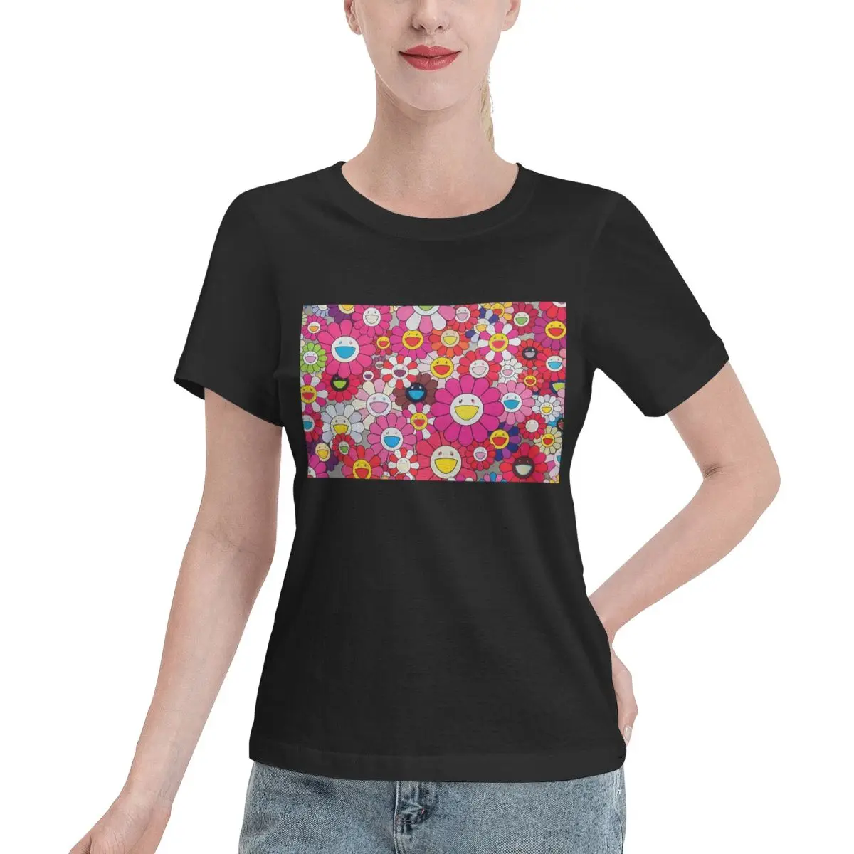 Wardrobe Essential Pink Happines Flower Women's T-shirt Travel Outfit Ladies Tee