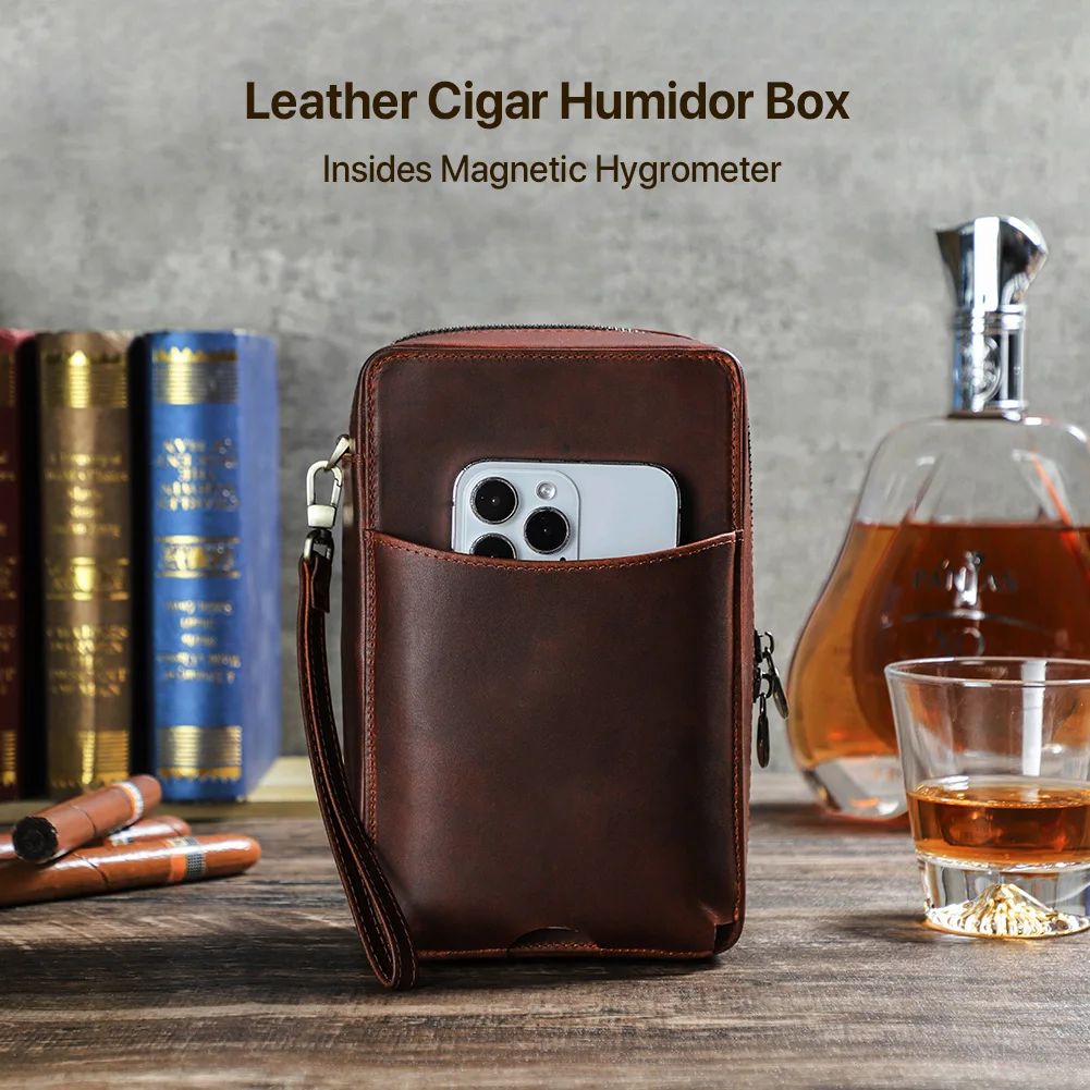 Genuine Leather Cigar Humidor Box Strorage of 7 Cigars Lighter Humidifier Case Portable Travel Humidifying Smoking Holder