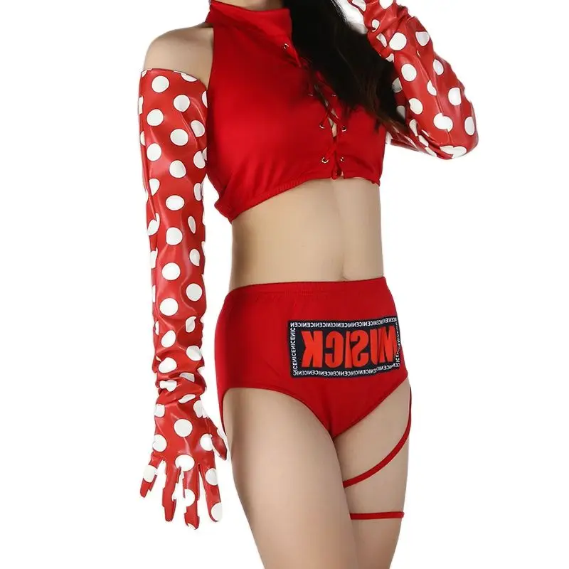 Big Dots Long Gloves 70cm 28'' Large Sleeve Wide Patent Leather Red Faux Leather White Dots Women Gloves