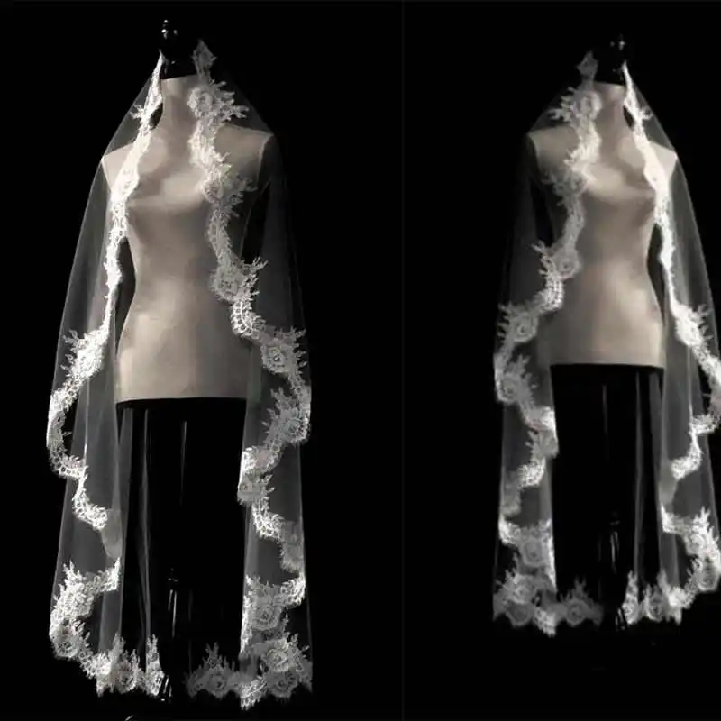 ゴージャスなロングウェディングベールレースアップリケエッジ一層高品質ベールコームチュールブライダルカスタマイズ