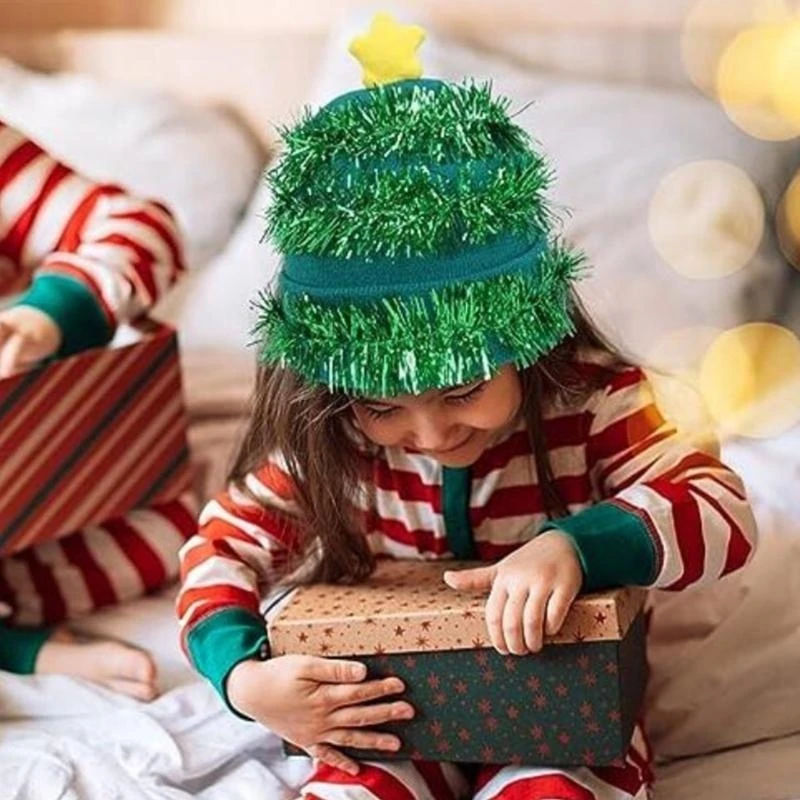 

J15U Christmas Hat with Star Decor Party Knitted Beanie Festive Knit Cap Windproof