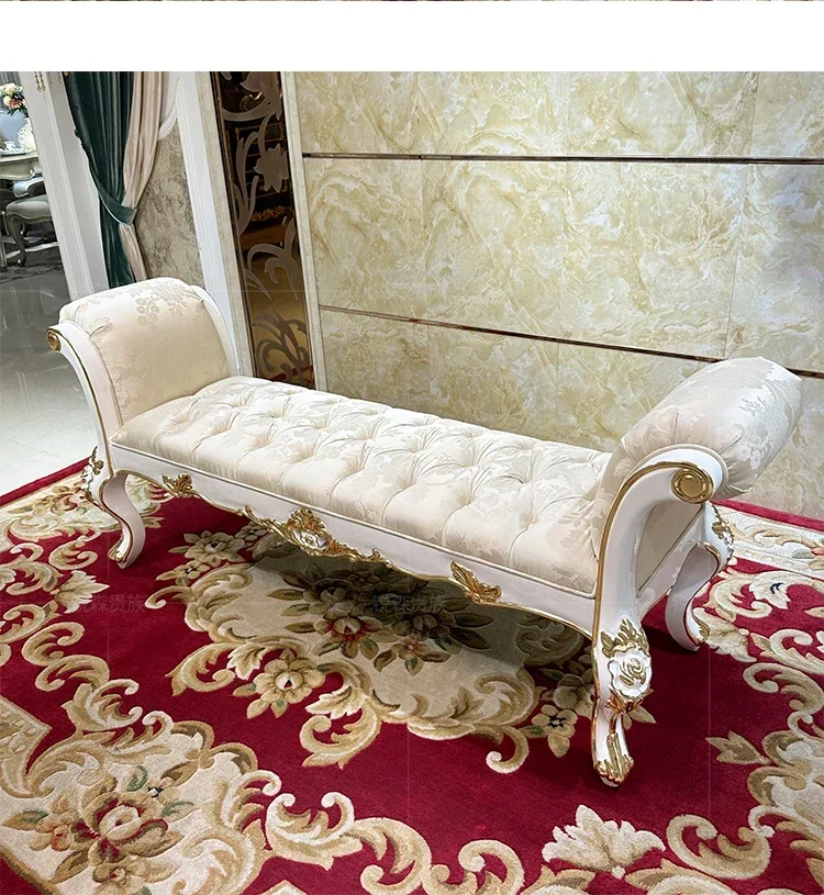 Sgabello da comodino in tessuto francese, panca da comodino per camera da letto in legno massello neoclassico di lusso europeo