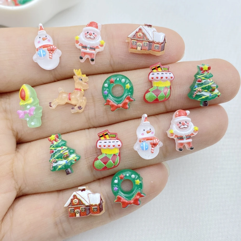 50Pcs New Cute Resin Small Santa Claus, Snowman, Tree Series Flat Back Ornament Jewelry Making Manicure Hairwear Accessories