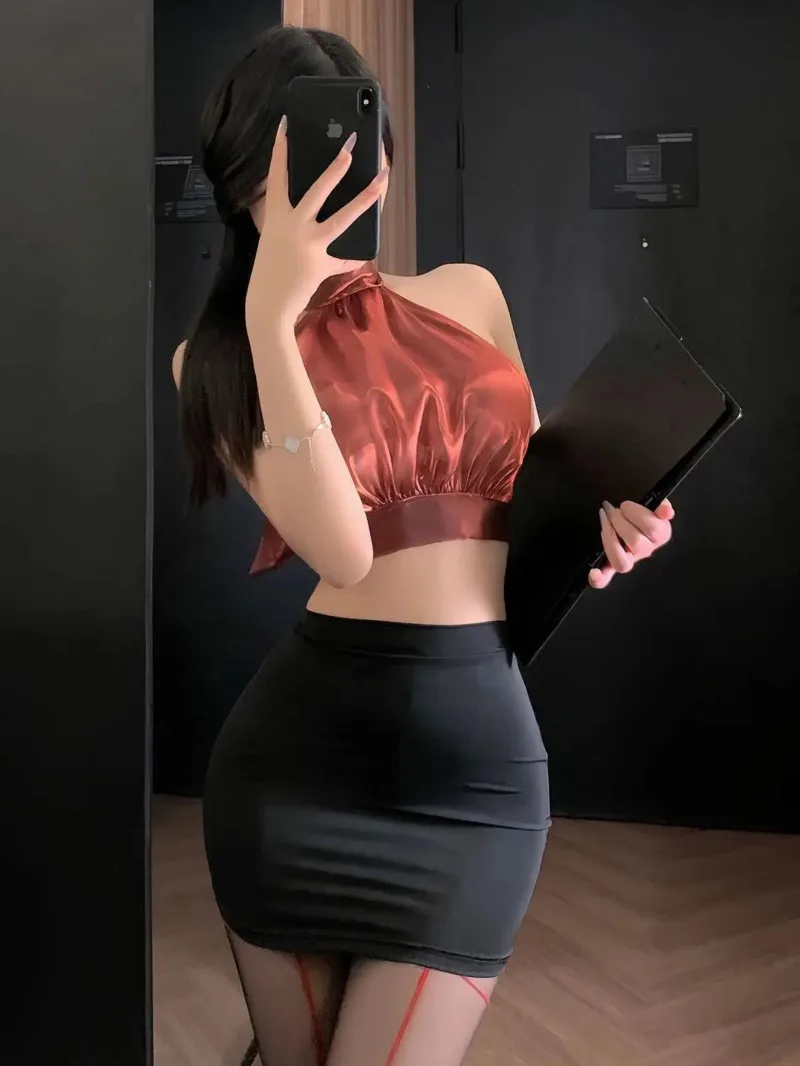 

Сексуальная униформа секретаря Pure Desire SM, комплекты юбок с открытой спиной и глубоким v-образным вырезом, без рукавов, с запахом на шее, наборы мини-юбок, очаровательные комплекты UVOD