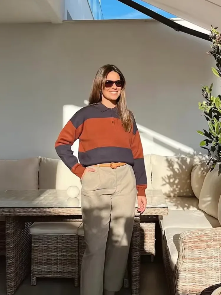 

Полосатый вязаный свитер с воротником-поло, женский повседневный свободный короткий вязаный свитер с длинными рукавами и лацканами, женская повседневная уличная одежда, новинка