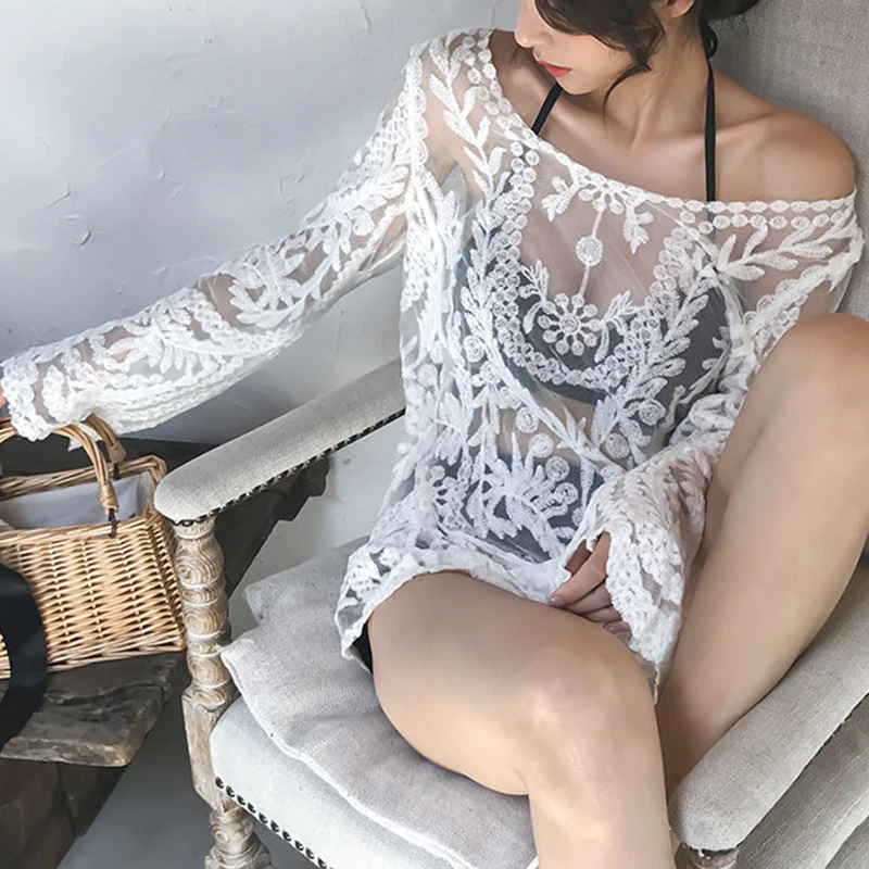 

Crochet Lace Long Sleeve Blouse for Women Embroidered Paisley Mesh Tunics Women Spring Summer 2026 Festival Boho Beach Cover Up