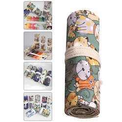 Cat Pattern Pencil Roll Bag Handmade Rolling Pencil Pouch Pen Case (48 Holes)