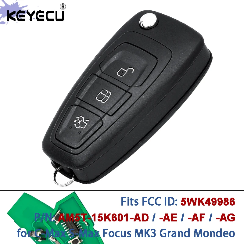 KEYECU 5WK49986 434MHz 4D63 Chip Replacement Remote Key Fob 3 Button for Ford C-Max S-Max Focus MK3 Grand Mondeo 2010-2018