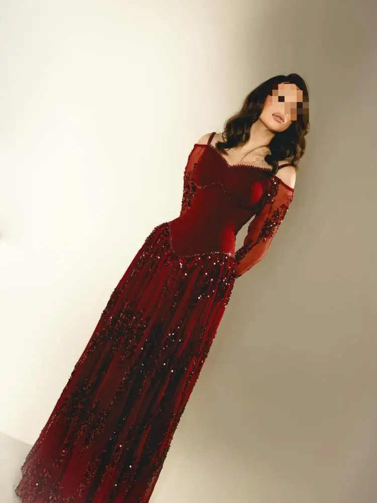 

Customized Elegant Burgundy Floor Length Dress Sweetheart Neck Long Sleeve Sequin Formal Evening Off theShoulder Party Prom Gown