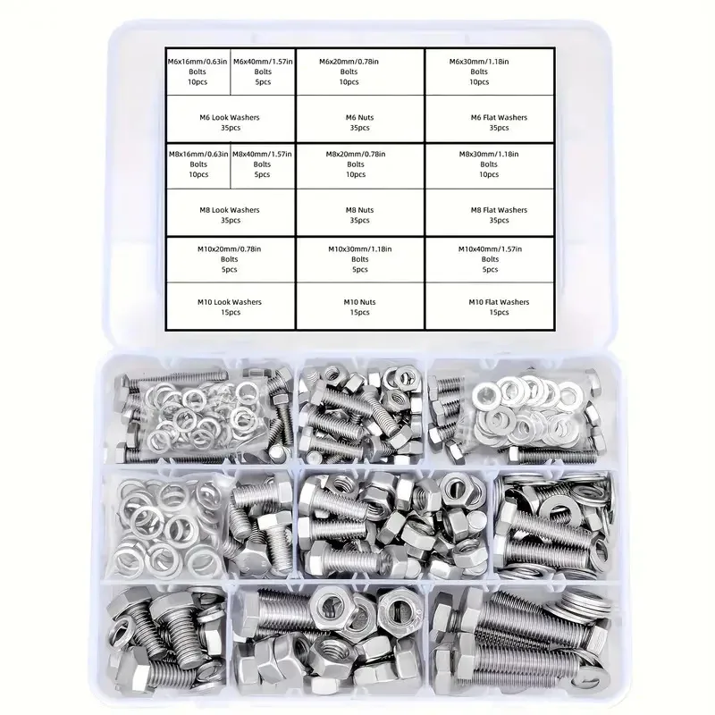 340pcs Stainless Steel Hardware Kit - M6/M8/M10 Nuts & Bolts with Flat & Lock Washers, Durable 304 Metal for Home Repairs & DIY