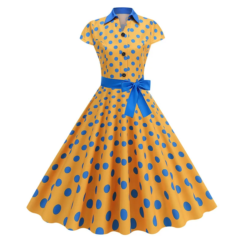 Elegant Vintage 1950s Women Summer Dress Polka Dot Print Turn-Down Collar Party Sundress with Belt