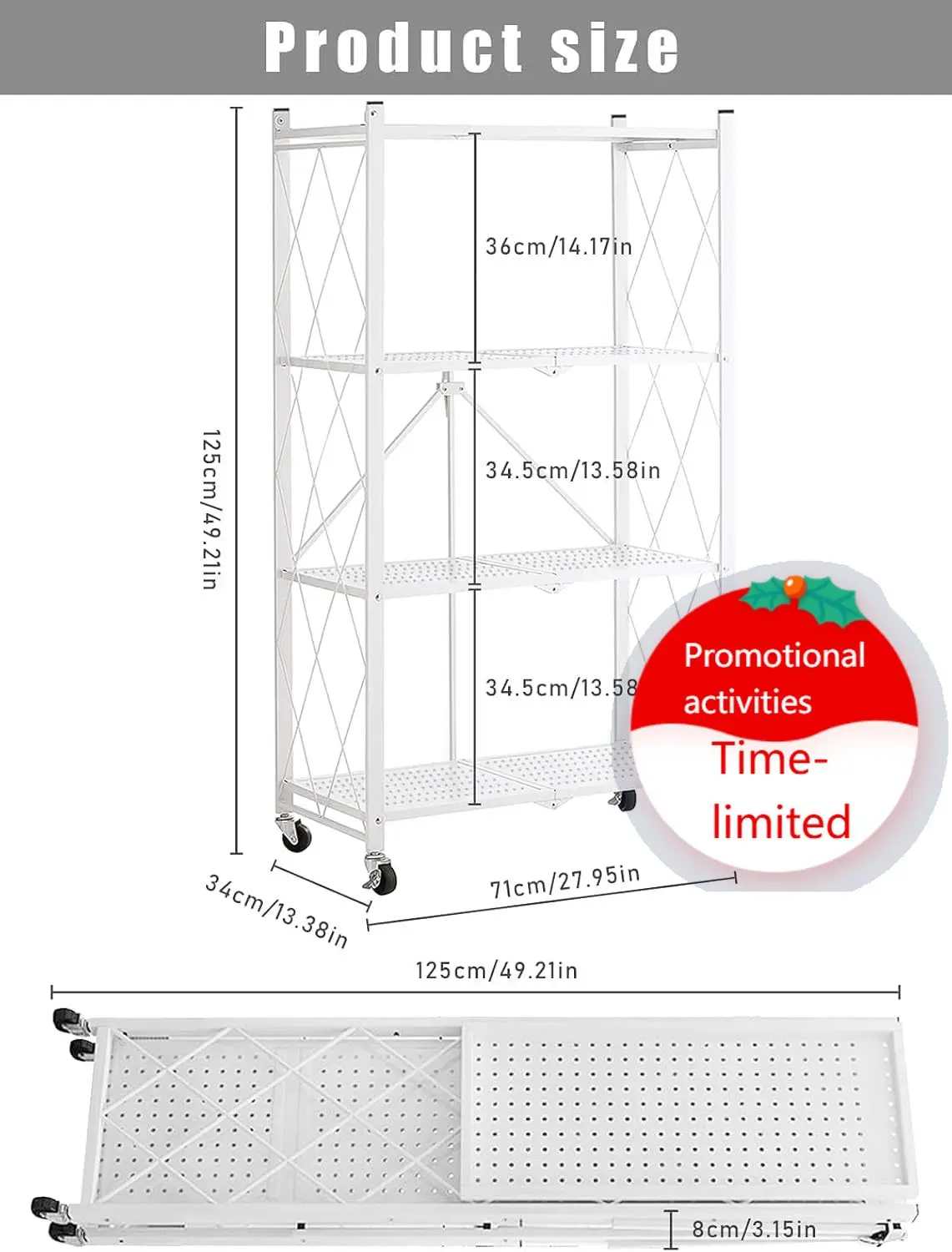 

Lanstics 4 Tier Foldable Folding Shelves Heavy Duty Storage Shelving with Wheels Metal Shelf Standing Shelves Units for Home Kit