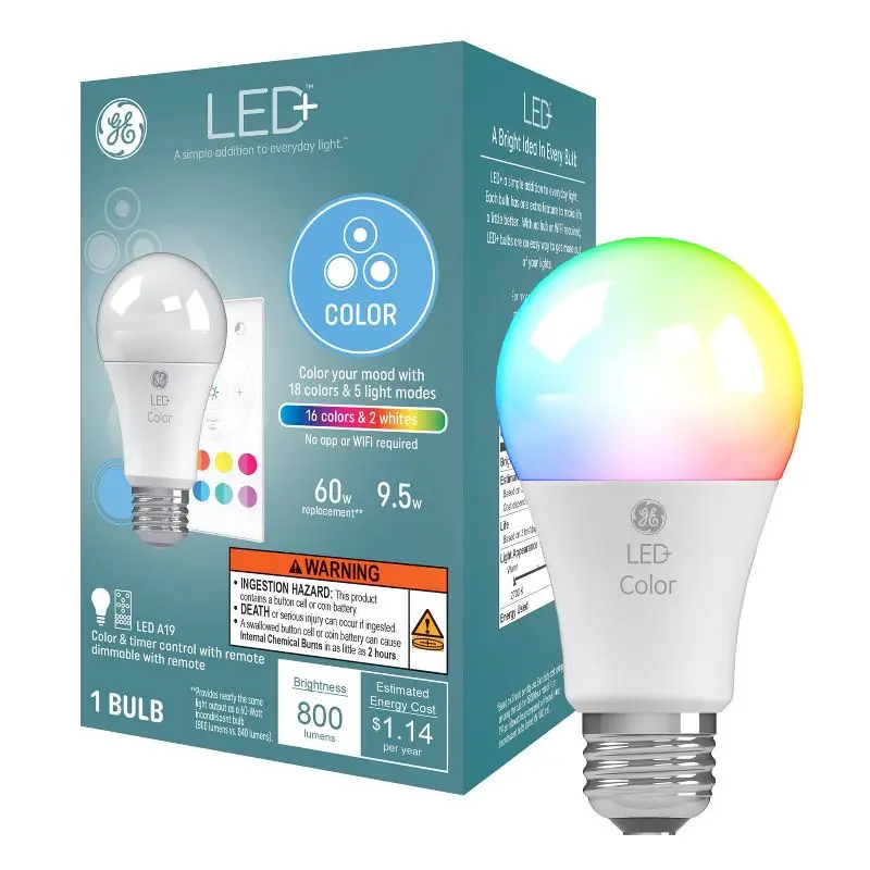 

LED Light Bulb A19 16 Colors 2700K Remote Control Dimmable RGB Multicolor 9.5W 800 Lumens E26 Base Energy Saving Party Light