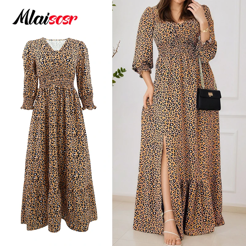 Mlaiscsr Abito a maniche lunghe con scollo a V con stampa leopardata per le donne Sexy allentato a vita alta con spacco Elegante festa di compleanno Boho Fashion Vestido