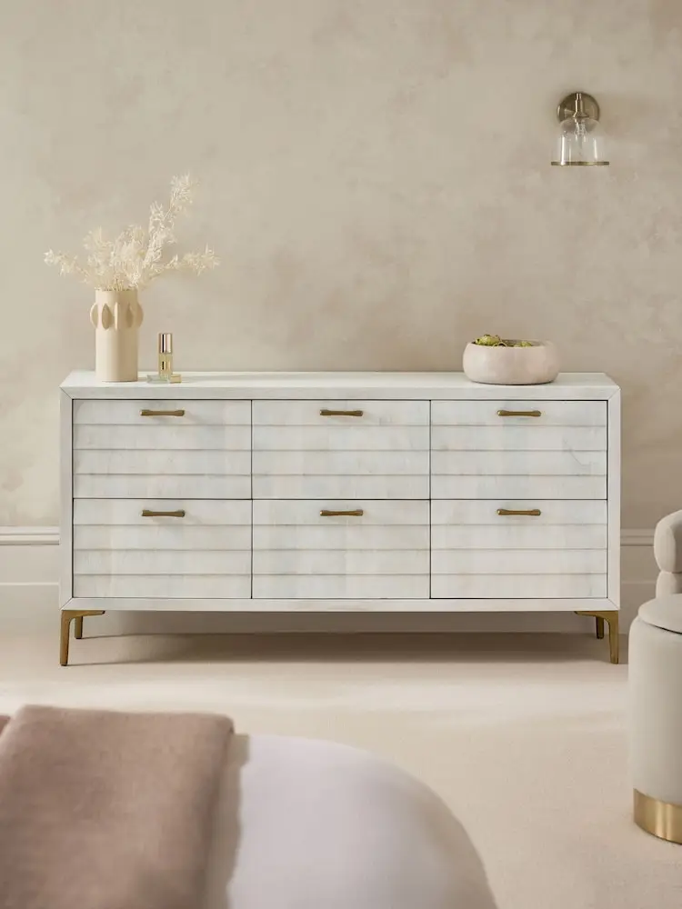 

xx-Modern OAK White Wooden Sideboard with 6 Drawers Accent Storage Shutter Door Design Iron Legs Wooden Cabinet for Living Room^