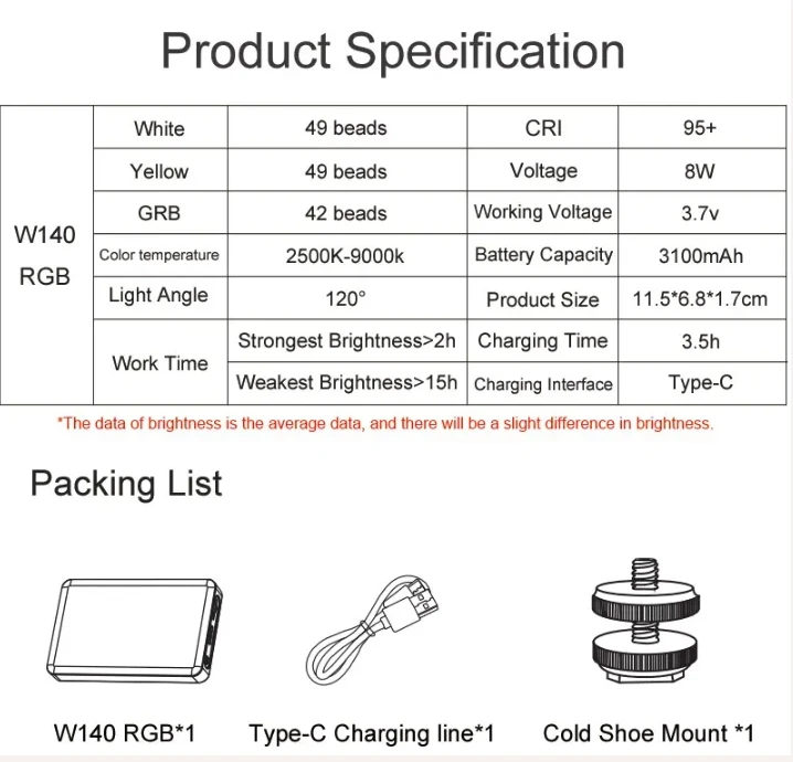 CAMKOO W140RGB LED Video Light Rechargeable Photography Fill Light CRI95+ 2500K-9000K Dimmable LED Panel Atmosphere Light