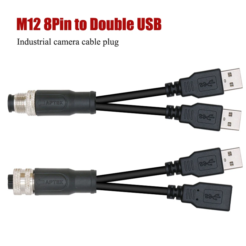 M12 A-type 8Pin to Dual USB2.0 Connector Cable 8pin X-code Male to USB Male/Female Shielded Wire IO Industrial Camera Plug Line